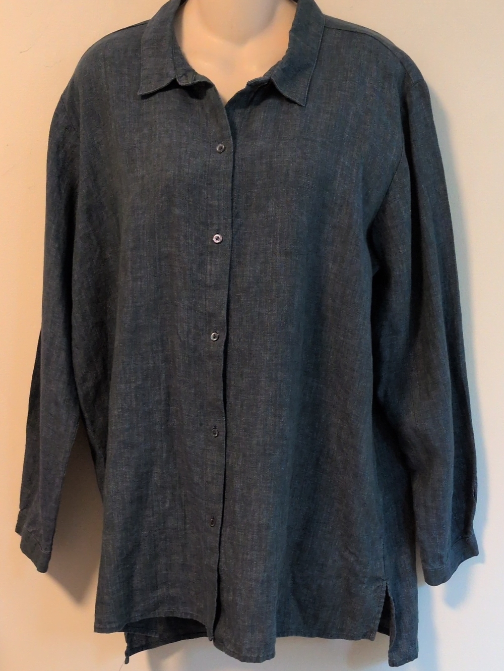 Eileen Fisher Washed Organic Linen Delave Classic Collar Shirt L - Picture 5 of 16